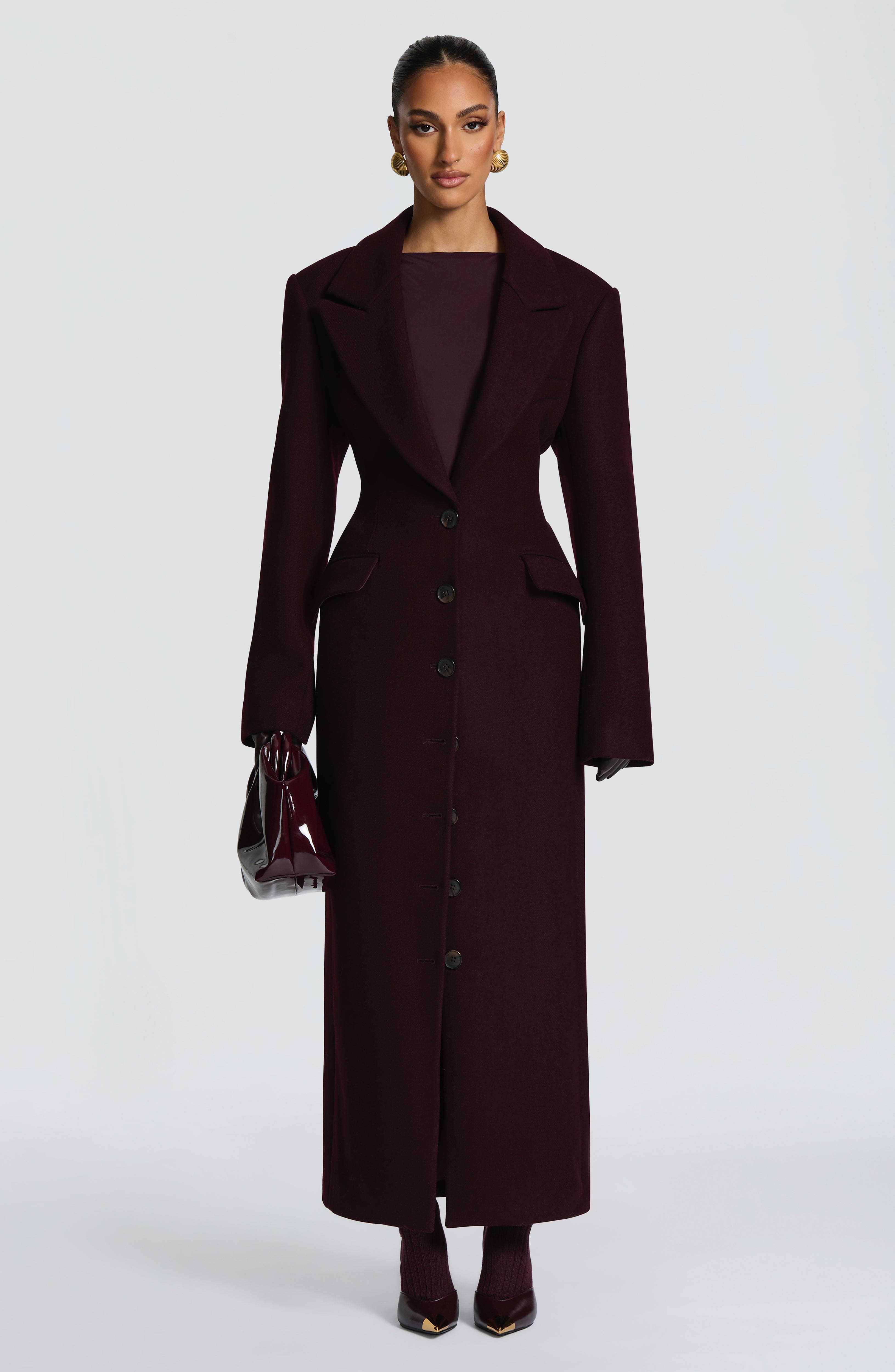 Women's Long Overcoat with Notched Lapel and Tailored Waist - 2