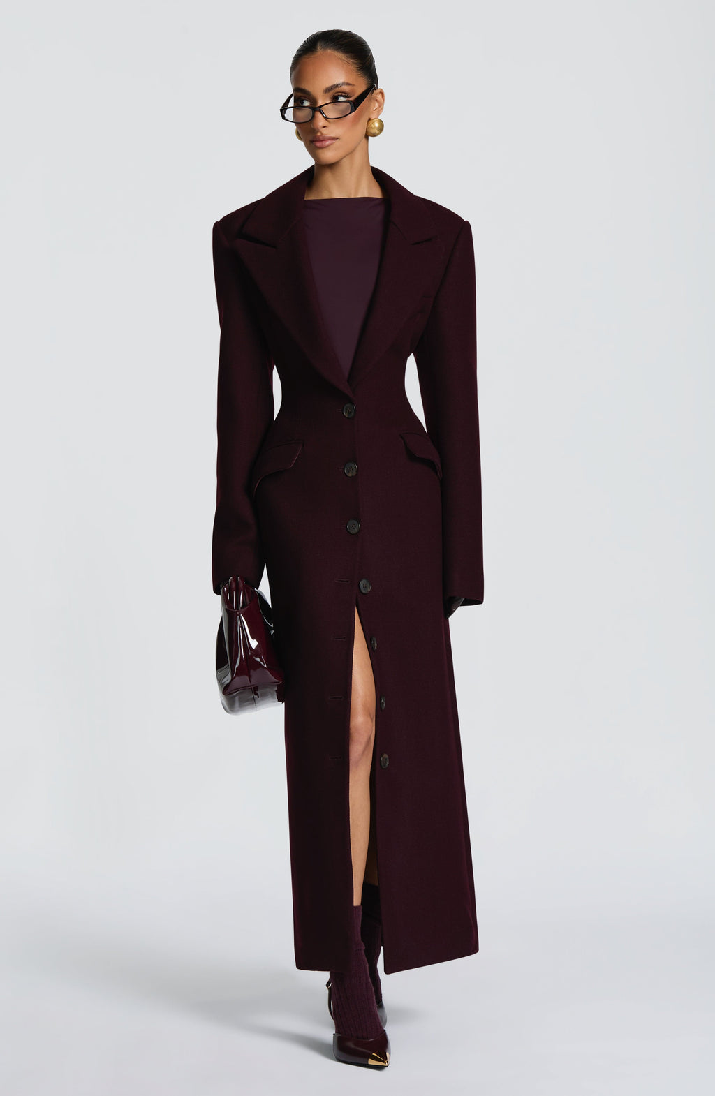 Women's Long Overcoat with Notched Lapel and Tailored Waist - 5