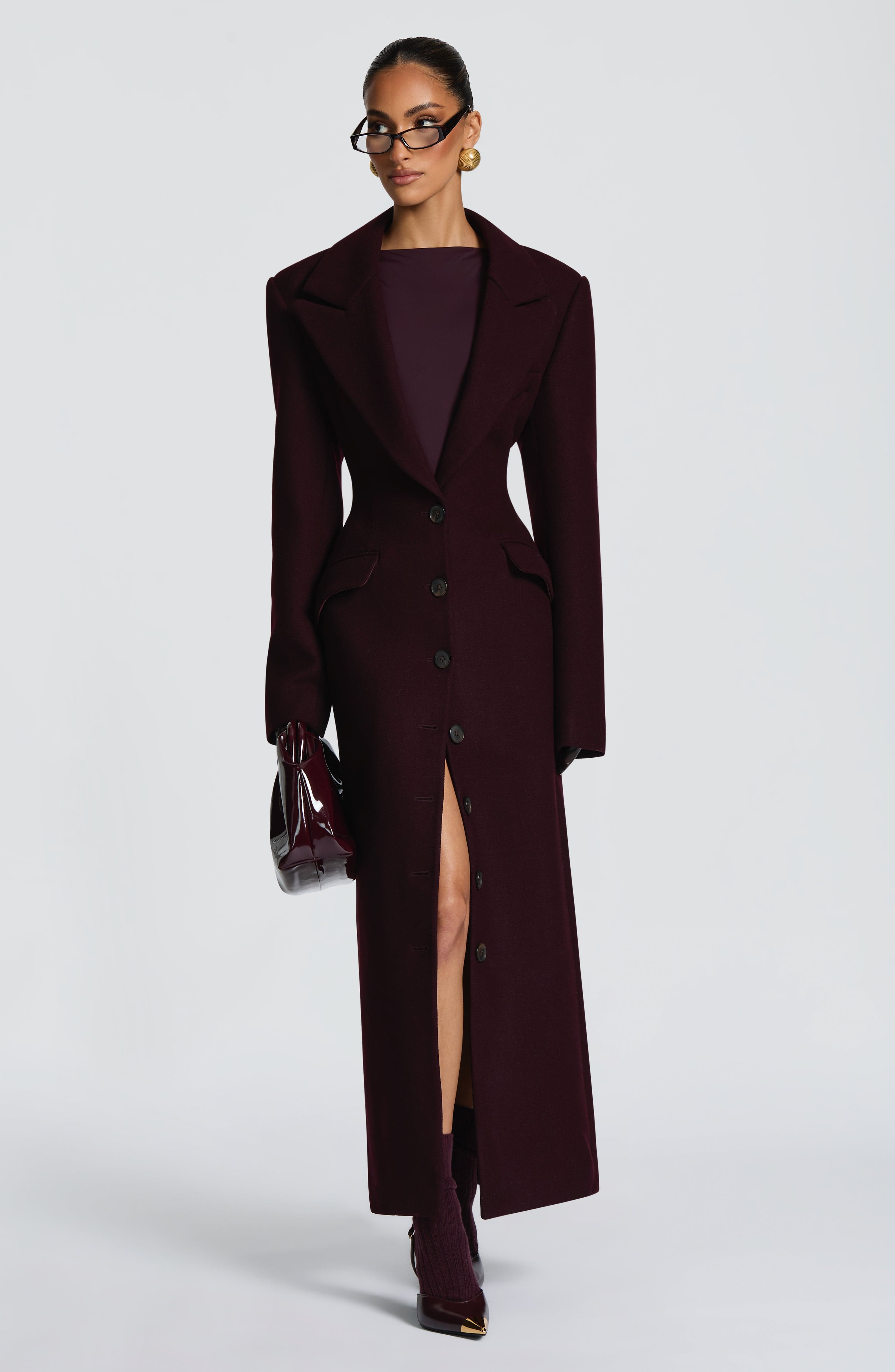 Women's Long Overcoat with Notched Lapel and Tailored Waist - 5