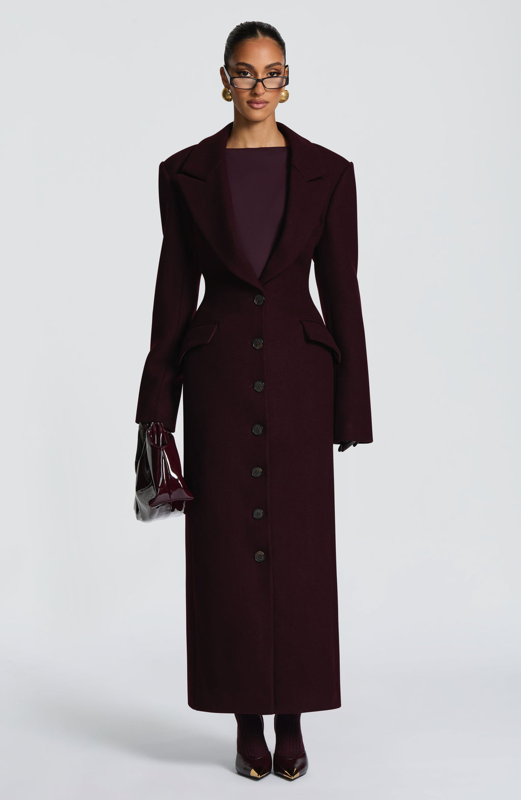 Women's Long Overcoat with Notched Lapel and Tailored Waist - 13