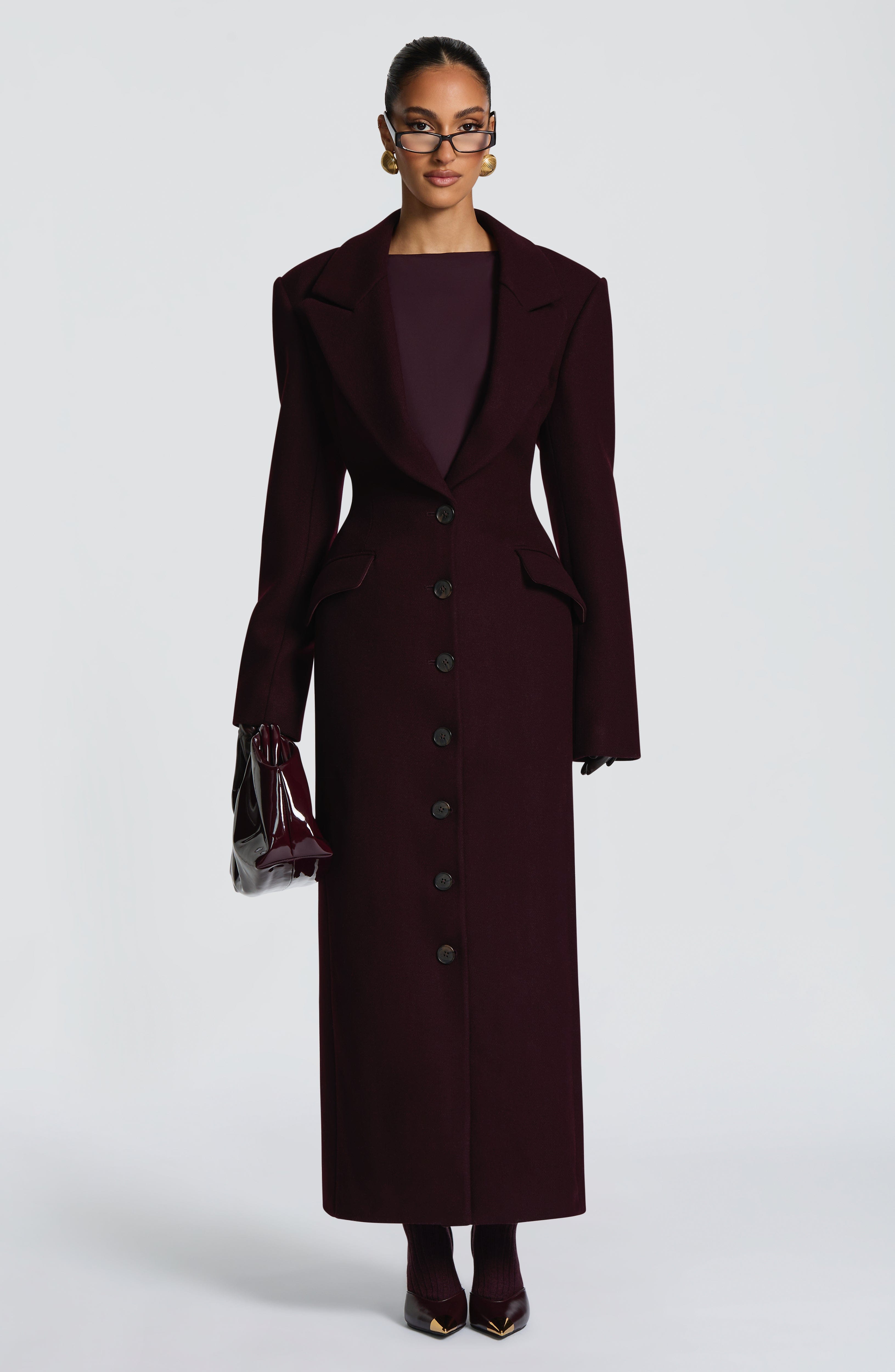 Women's Long Overcoat with Notched Lapel and Tailored Waist - 13