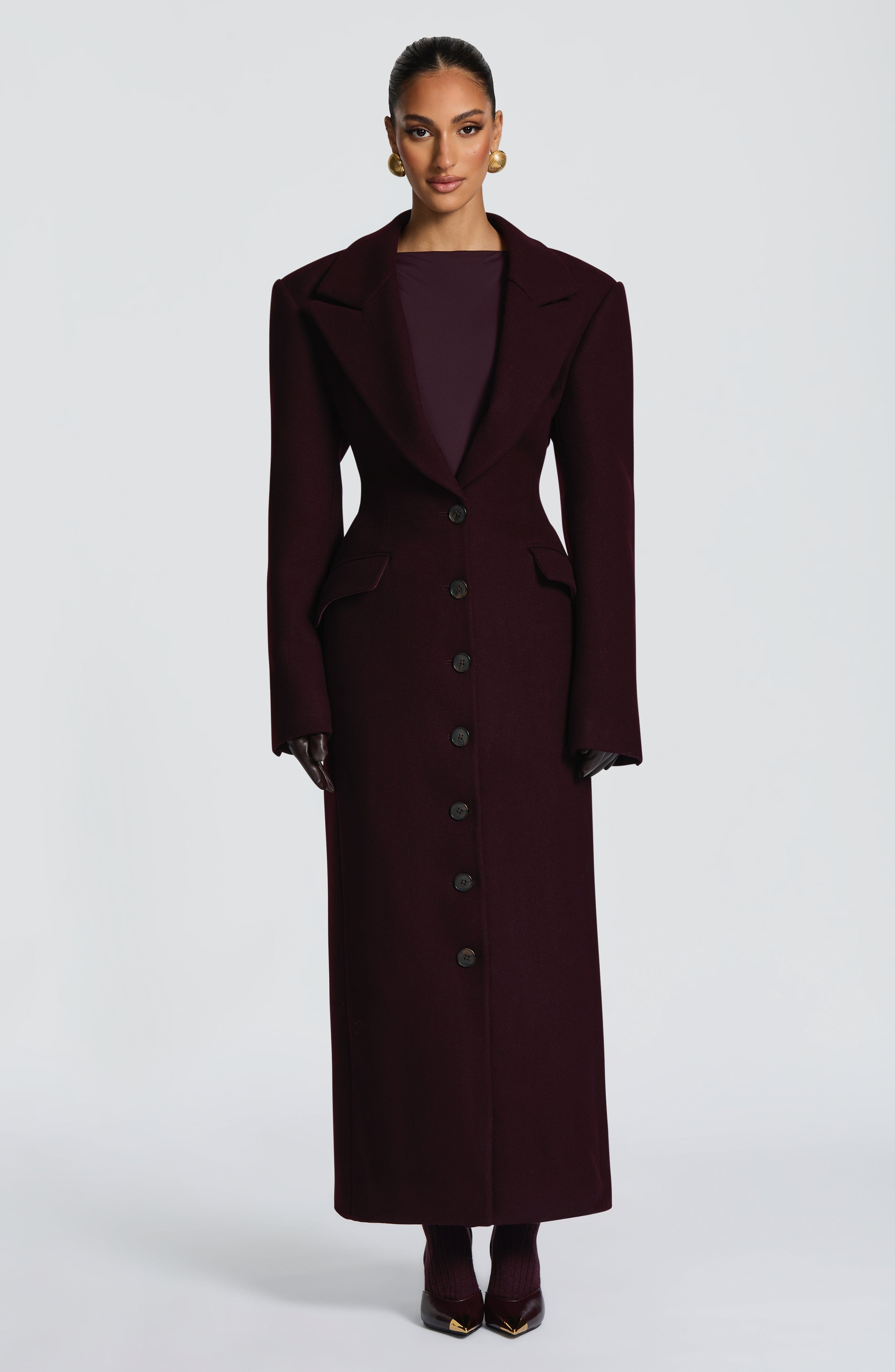 Women's Long Overcoat with Notched Lapel and Tailored Waist - 11