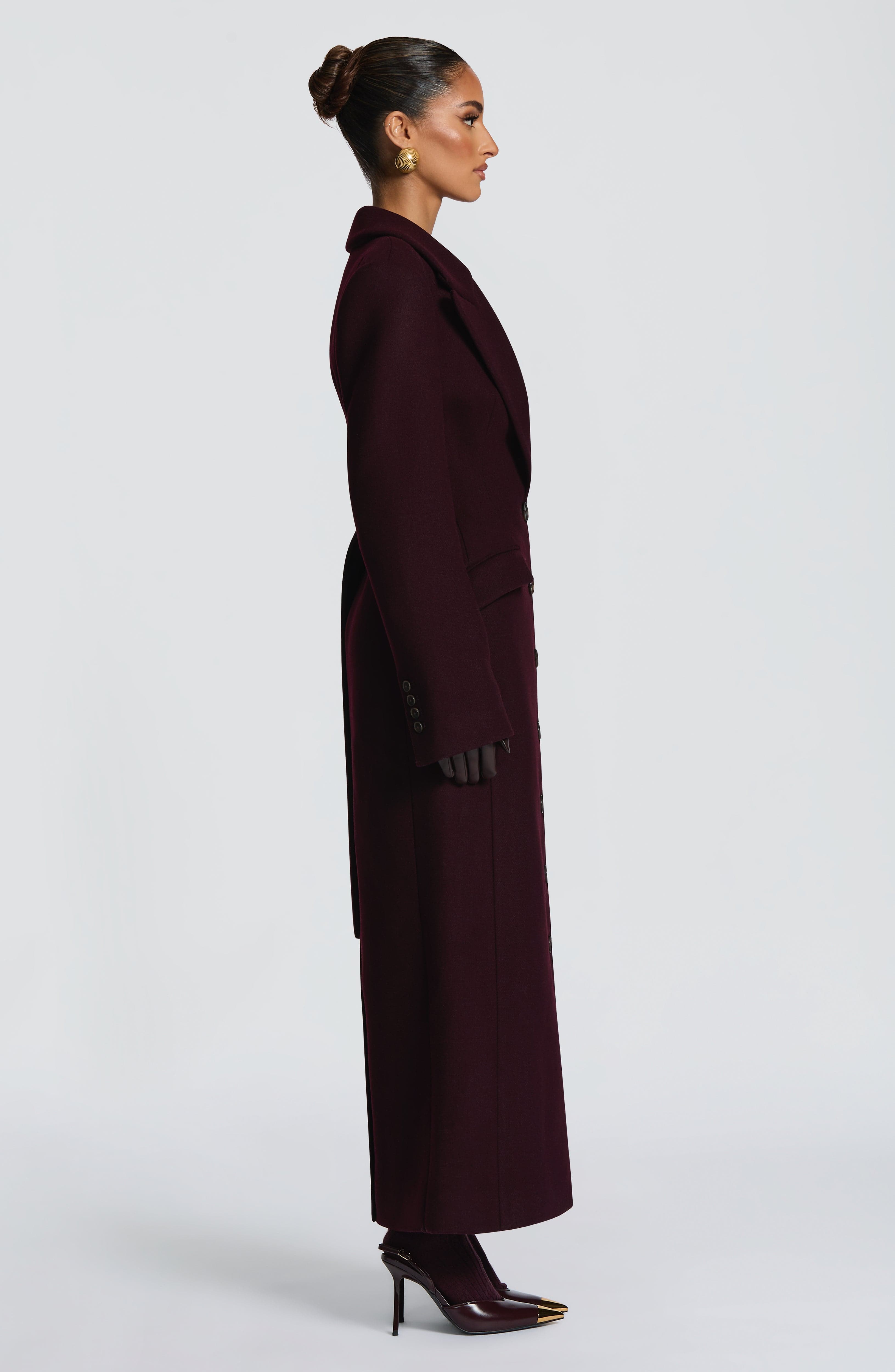 Women's Long Overcoat with Notched Lapel and Tailored Waist - 10