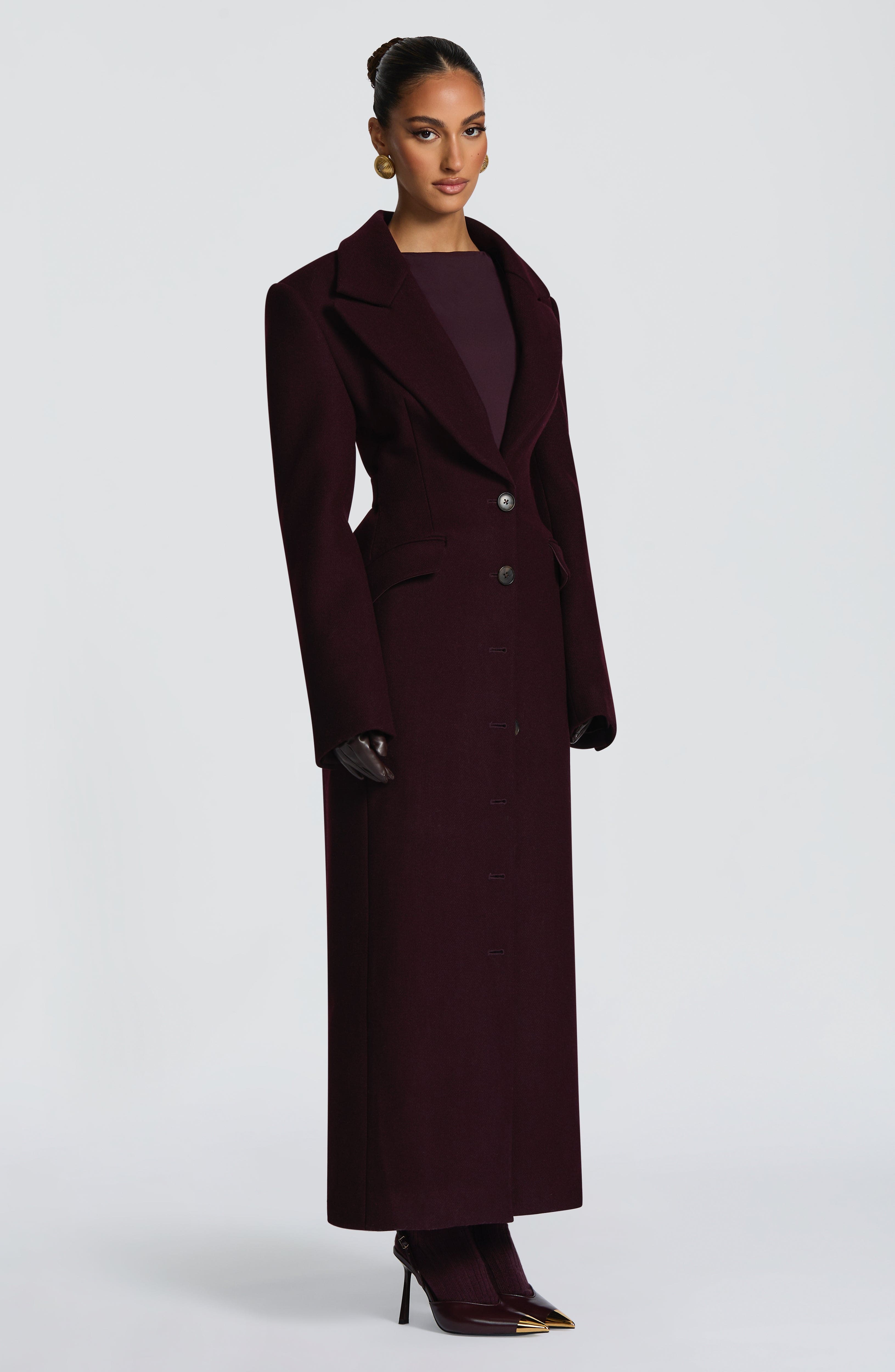 Women's Long Overcoat with Notched Lapel and Tailored Waist - 7