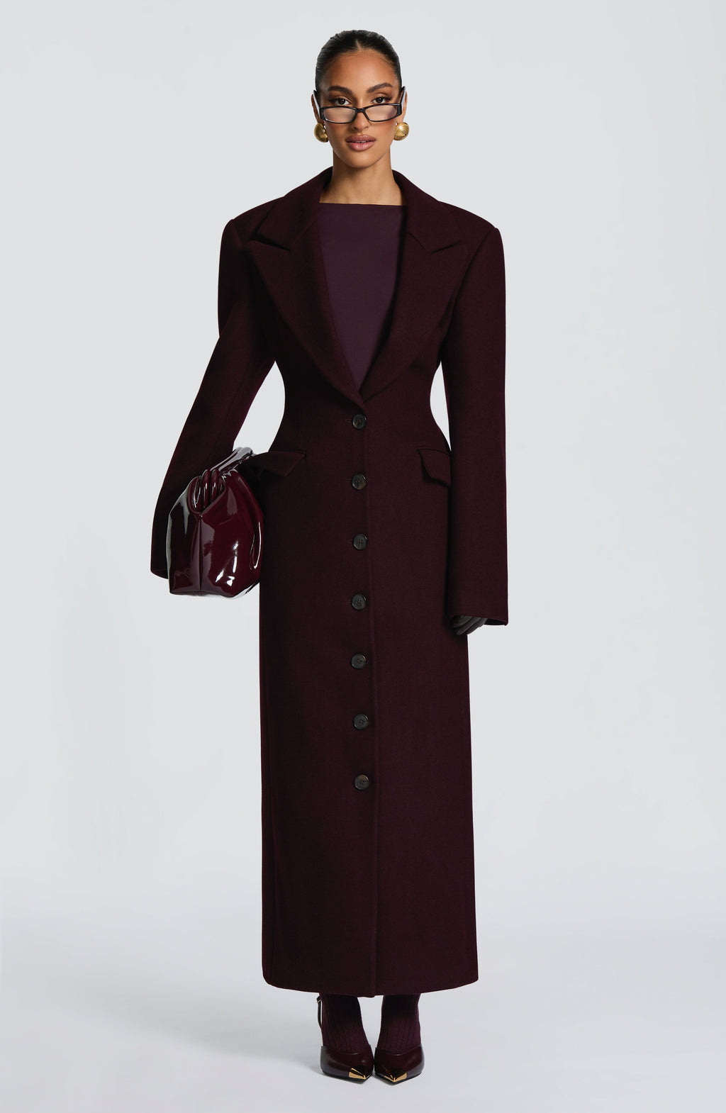 Women's Long Overcoat with Notched Lapel and Tailored Waist - 12