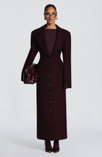 Women's Long Overcoat with Notched Lapel and Tailored Waist - 12