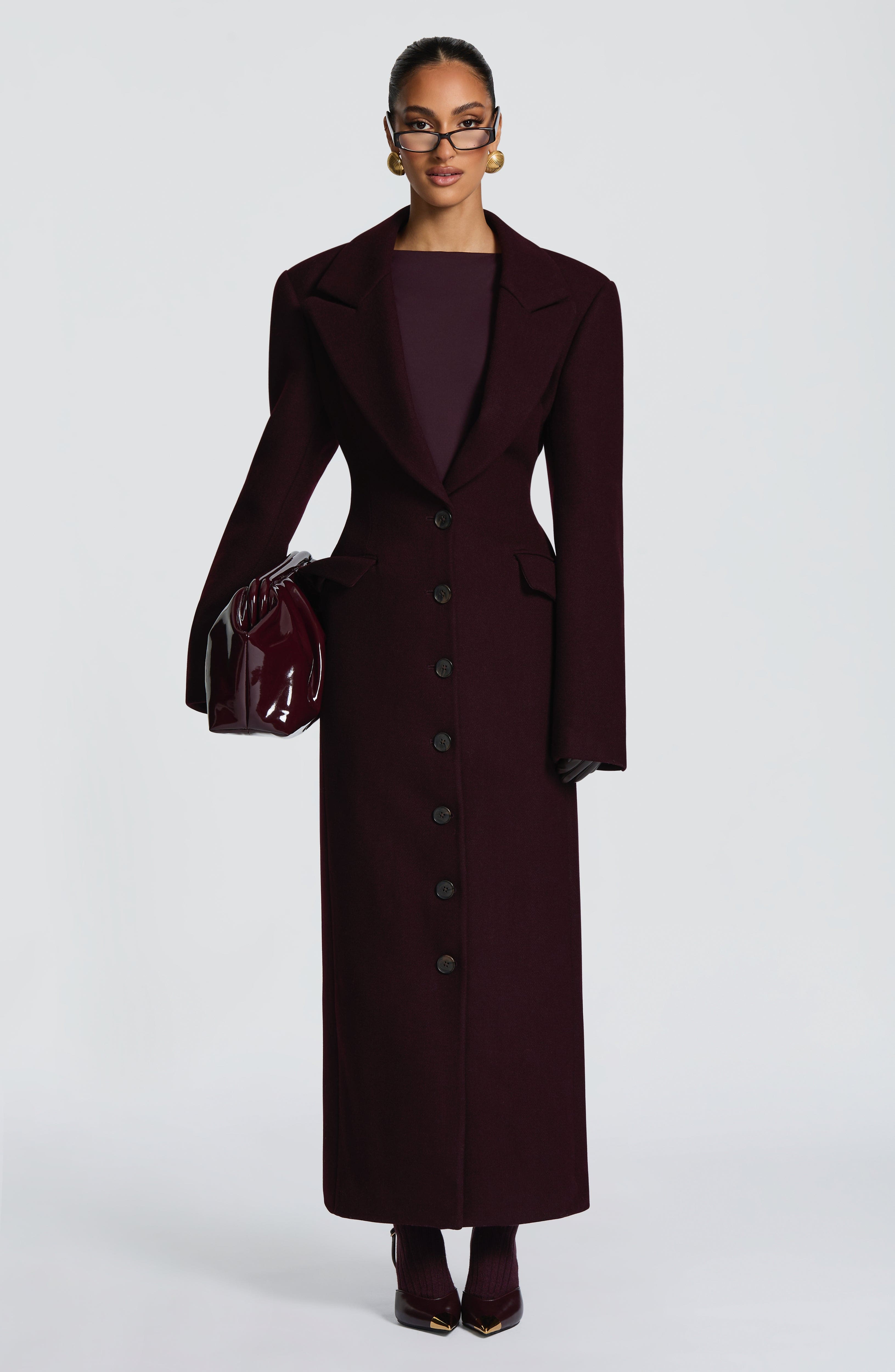 Women's Long Overcoat with Notched Lapel and Tailored Waist - 12
