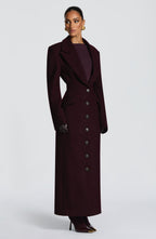 Women's Long Overcoat with Notched Lapel and Tailored Waist - 6