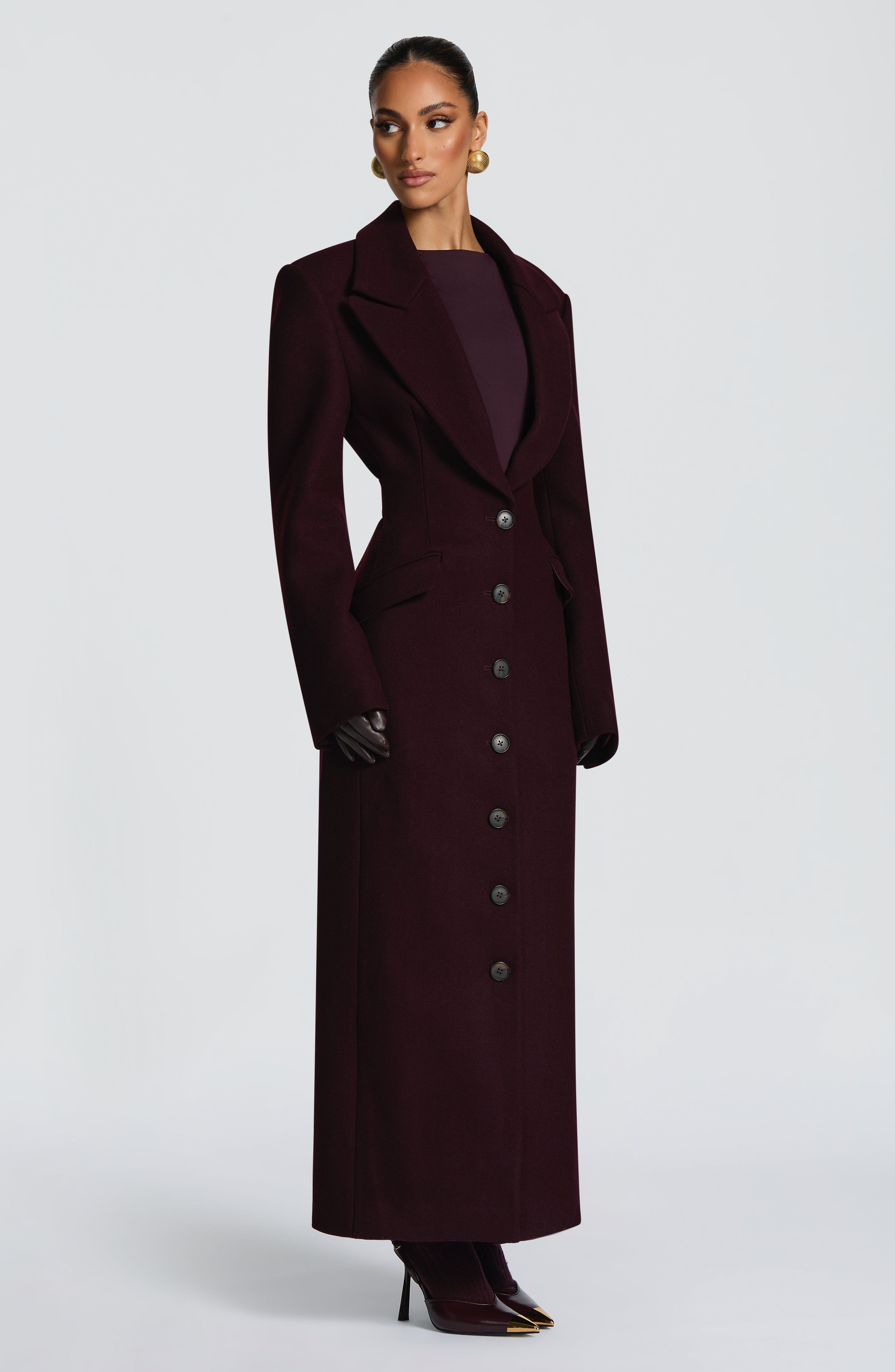 Women's Long Overcoat with Notched Lapel and Tailored Waist - 6