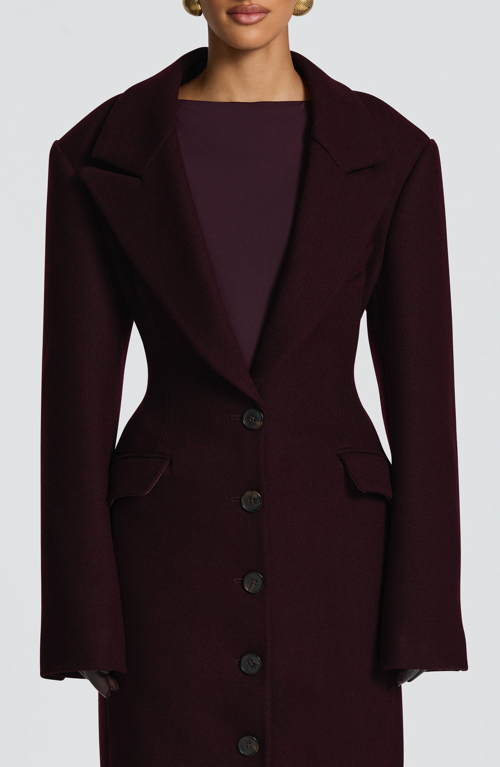 Women's Long Overcoat with Notched Lapel and Tailored Waist - 8