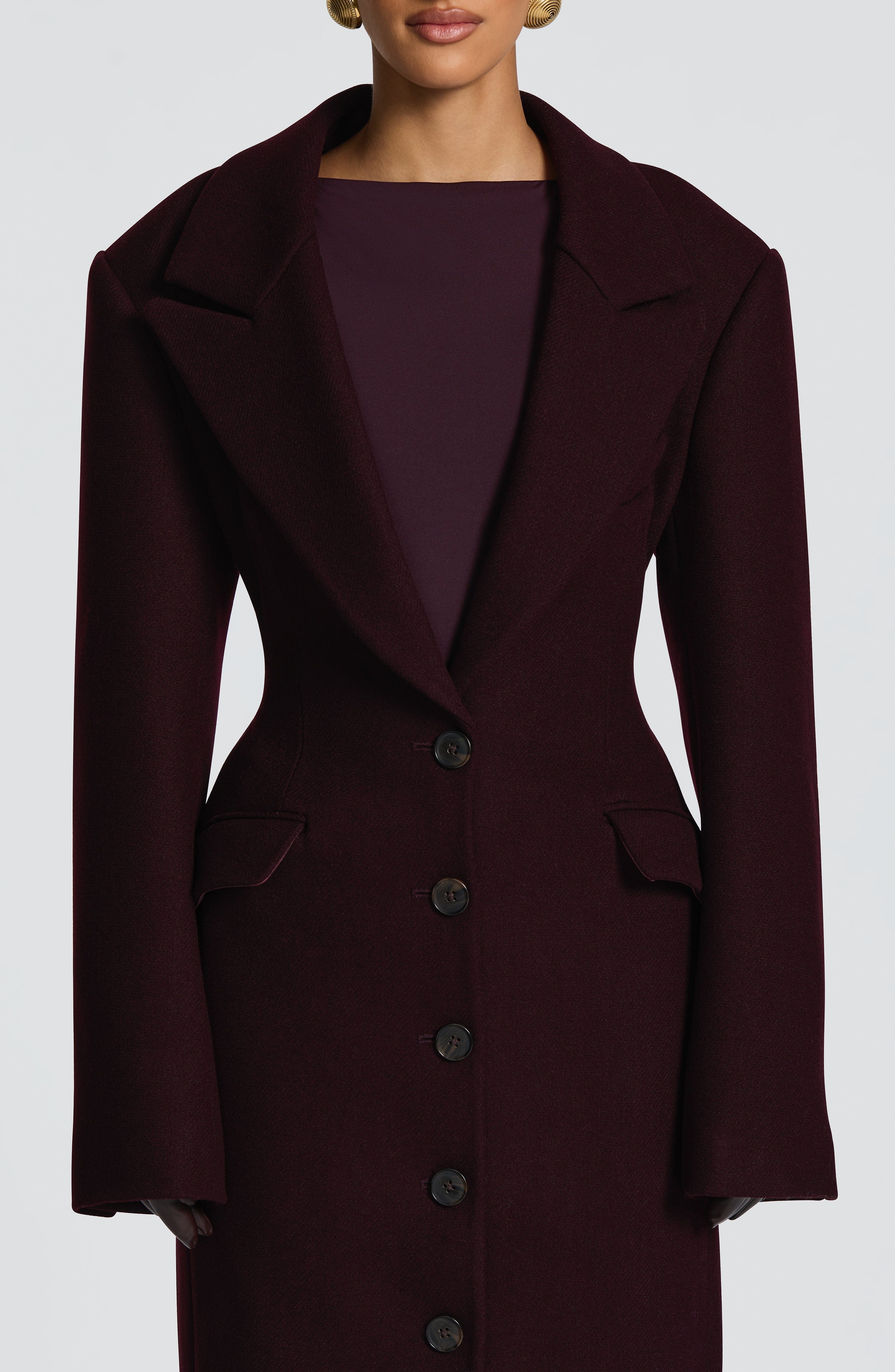 Women's Long Overcoat with Notched Lapel and Tailored Waist - 8