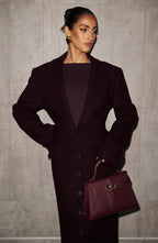 Women's Long Overcoat with Notched Lapel and Tailored Waist - 14