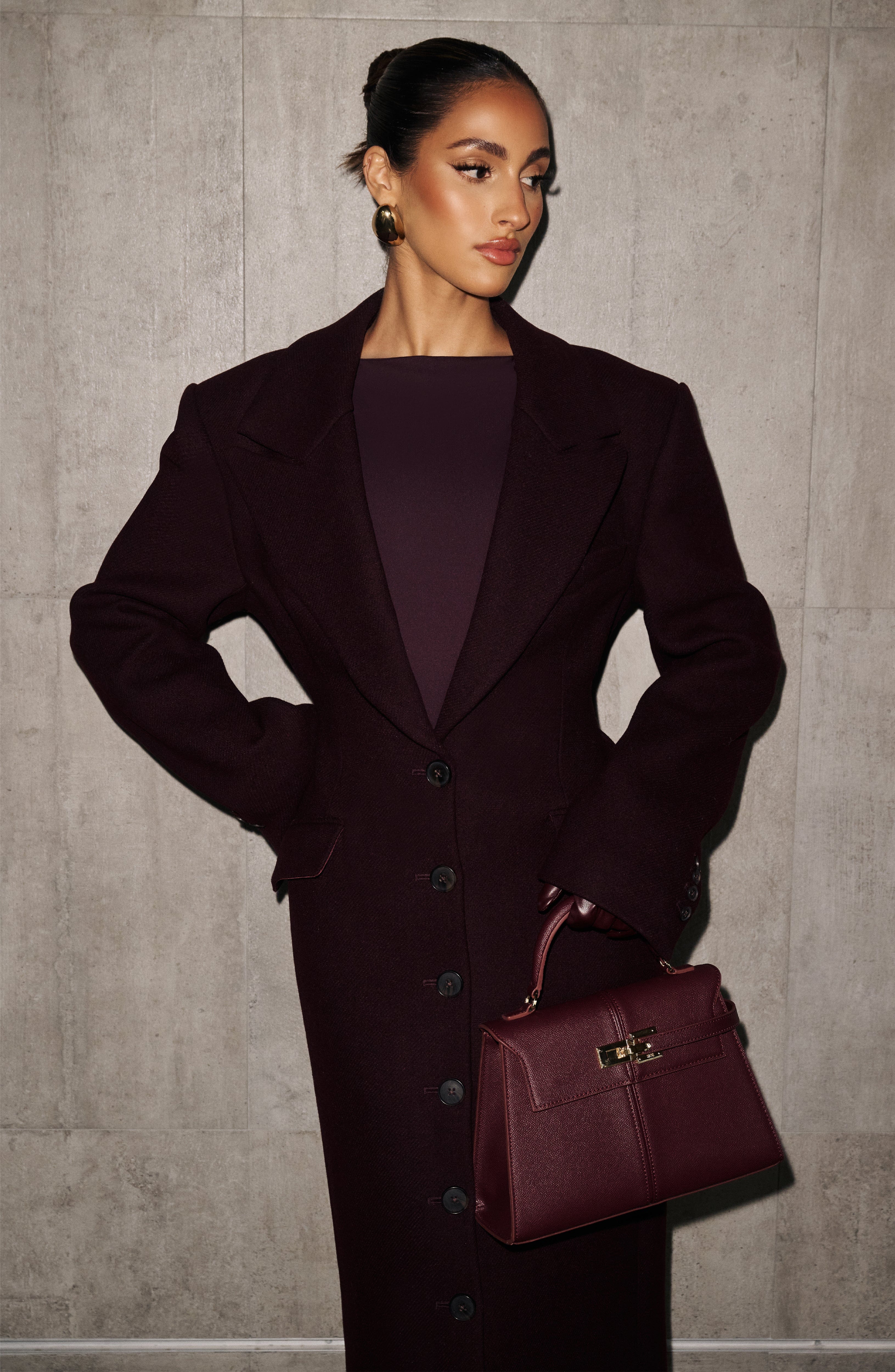 Women's Long Overcoat with Notched Lapel and Tailored Waist - 14
