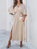 Women's Wrap Dress with Side Slit and V-Neck - Beige