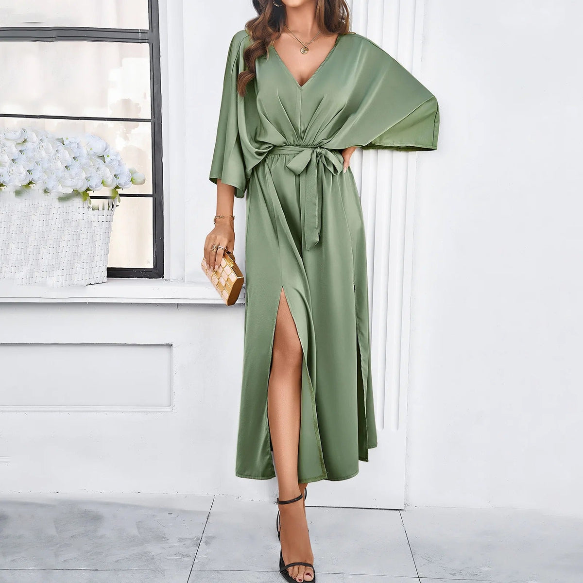 Women's Wrap Dress with Side Slit and V-Neck - Green