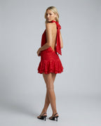 Women's Halter Neck Mini Dress with Pleated Skirt and Open Back - 12