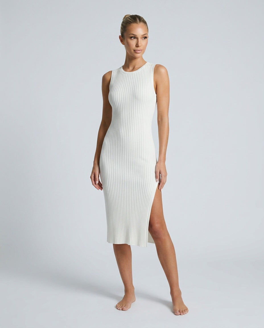Women's Ribbed Fitted Knit Midi Dress Sleeveless with Side Slit - 2