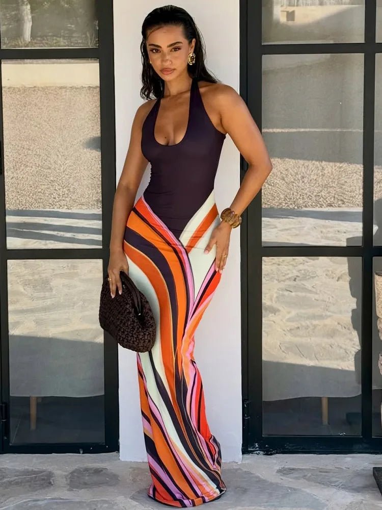Women's Halterneck Maxi Dress with Colourblock Swirl Print - 2
