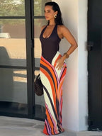 Women's Halterneck Maxi Dress with Colourblock Swirl Print - 4