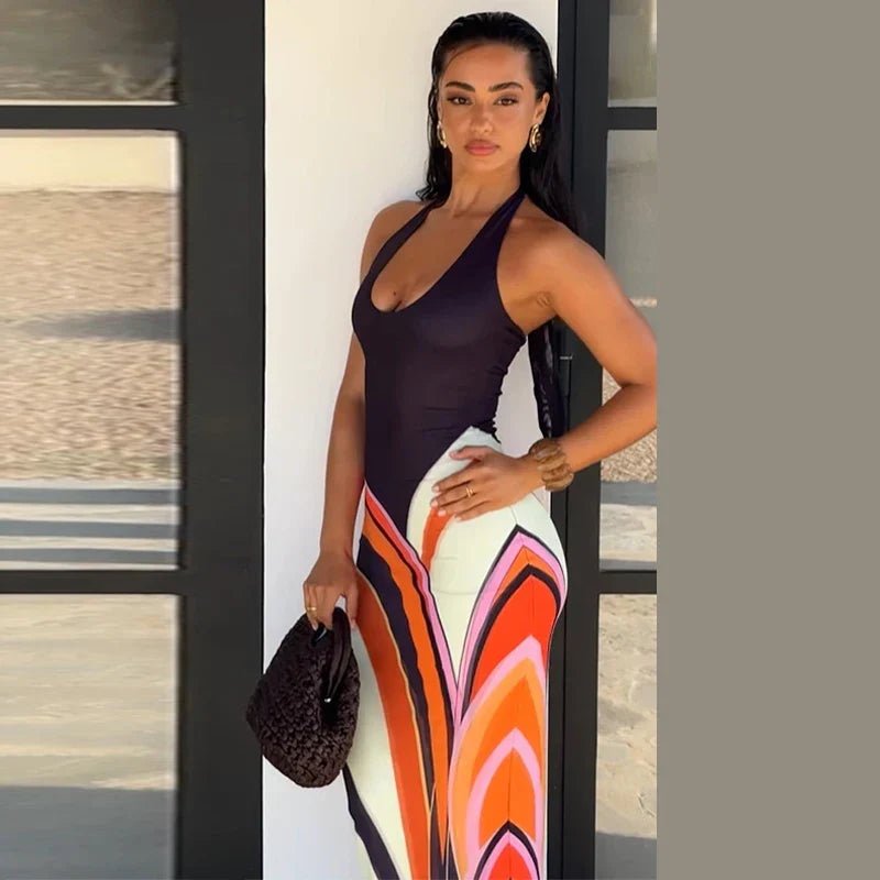 Women's Halterneck Maxi Dress with Colourblock Swirl Print - 8