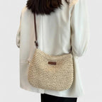 Women's Slouchy Woven Shoulder Bag with Adjustable Strap - Beige