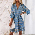 Women's Floral Dress V-Neck with Puff Sleeves and Smocked Waist - Blue