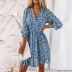 Women's Floral Dress V-Neck with Puff Sleeves and Smocked Waist - Blue
