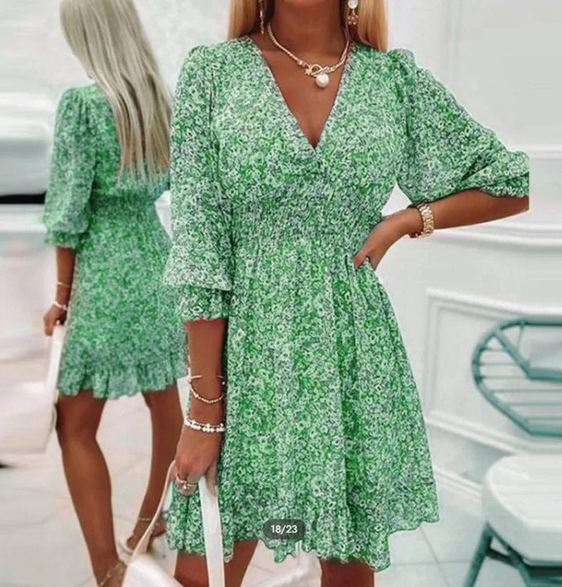 Women's Floral Dress V-Neck with Puff Sleeves and Smocked Waist - Green