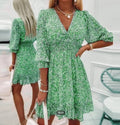 Women's Floral Dress V-Neck with Puff Sleeves and Smocked Waist - Green