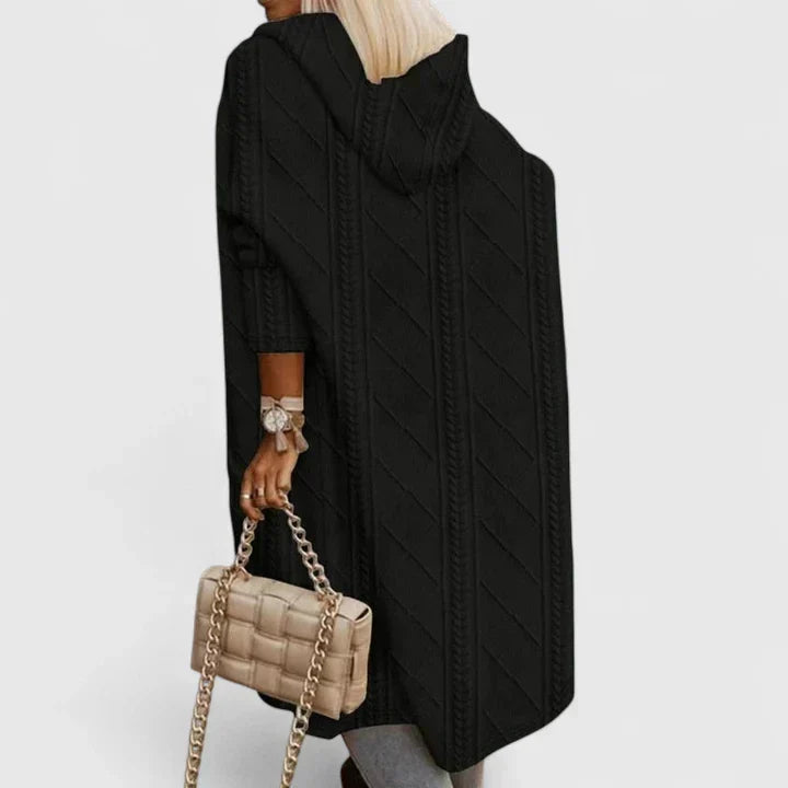 Women's Longline Hooded Cardigan with Cable Knit Texture - Black