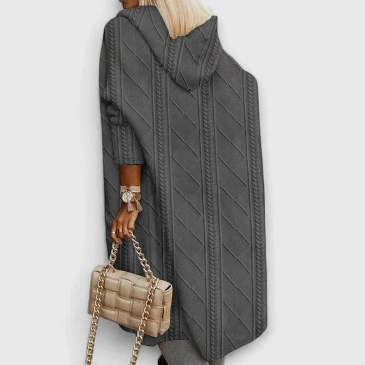 Women's Longline Hooded Cardigan with Cable Knit Texture - Grey