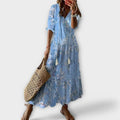 Women's Maxi Dress with V-Neck and Tie Waist - Light Blue