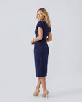 Women's Wrap Midi Dress with Draped Skirt and V-Neck - Navy