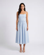 Women's Midi Dress Sleeveless with Low Open Back and A-Line Skirt - Light Blue