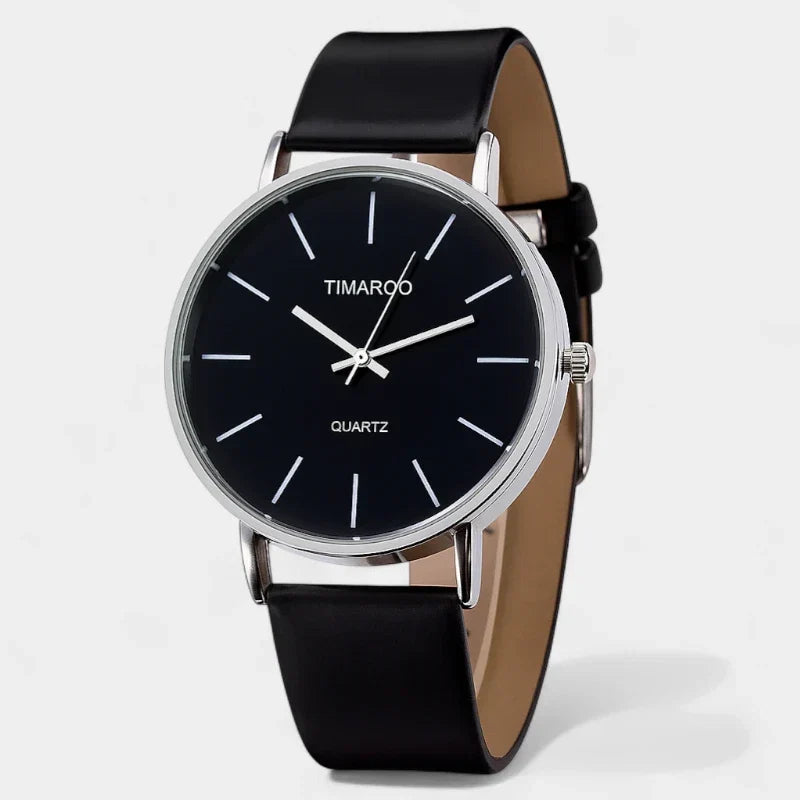 Unisex Minimalist Watch with Clean Round Dial and Slim Strap - Black with Faux Leather Strap