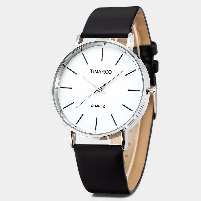 Unisex Minimalist Watch with Clean Round Dial and Slim Strap - Black-White with Faux Leather Strap