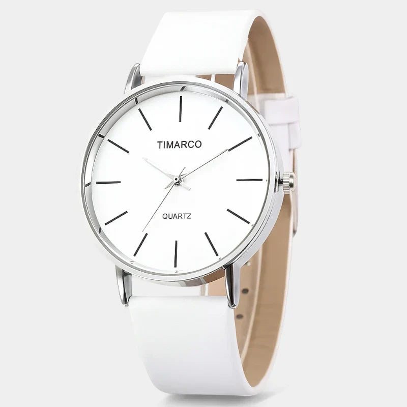 Unisex Minimalist Watch with Clean Round Dial and Slim Strap - White with Faux Leather Strap