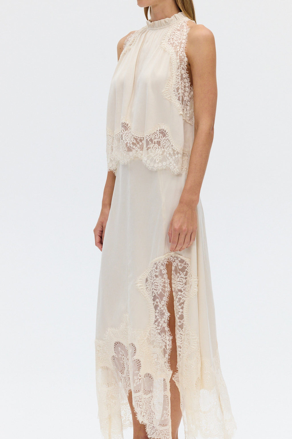 Women's Satin Lace-Trim Top and A-Line Slit Skirt Set - 11