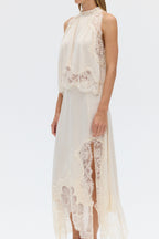 Women's Satin Lace-Trim Top and A-Line Slit Skirt Set - 11