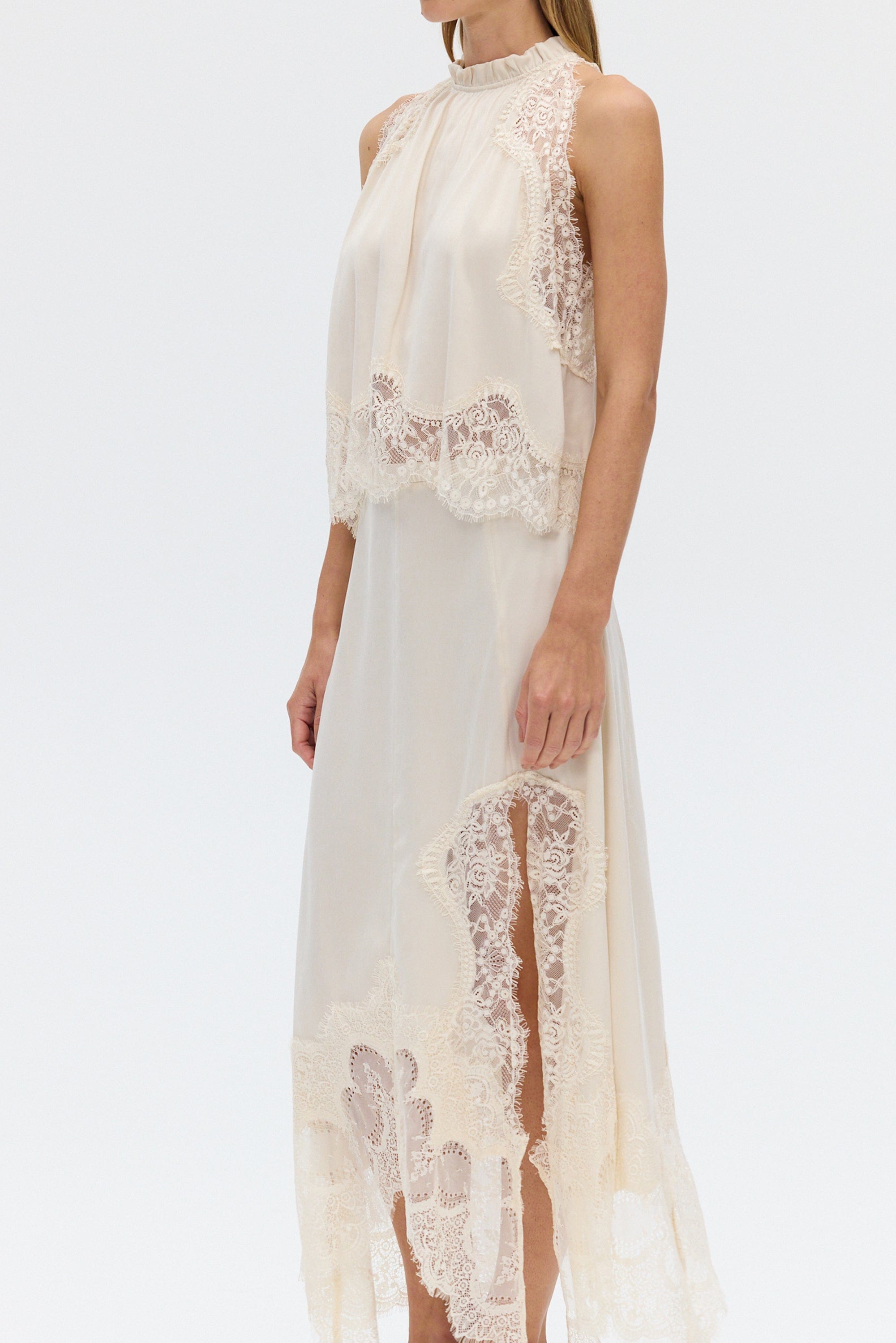 Women's Satin Lace-Trim Top and A-Line Slit Skirt Set - 11