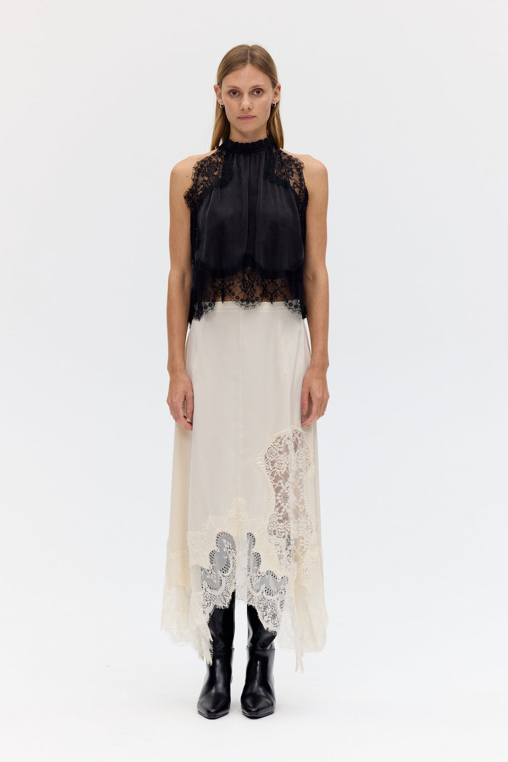 Women's Satin Lace-Trim Top and A-Line Slit Skirt Set - 7