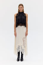 Women's Satin Lace-Trim Top and A-Line Slit Skirt Set - 7
