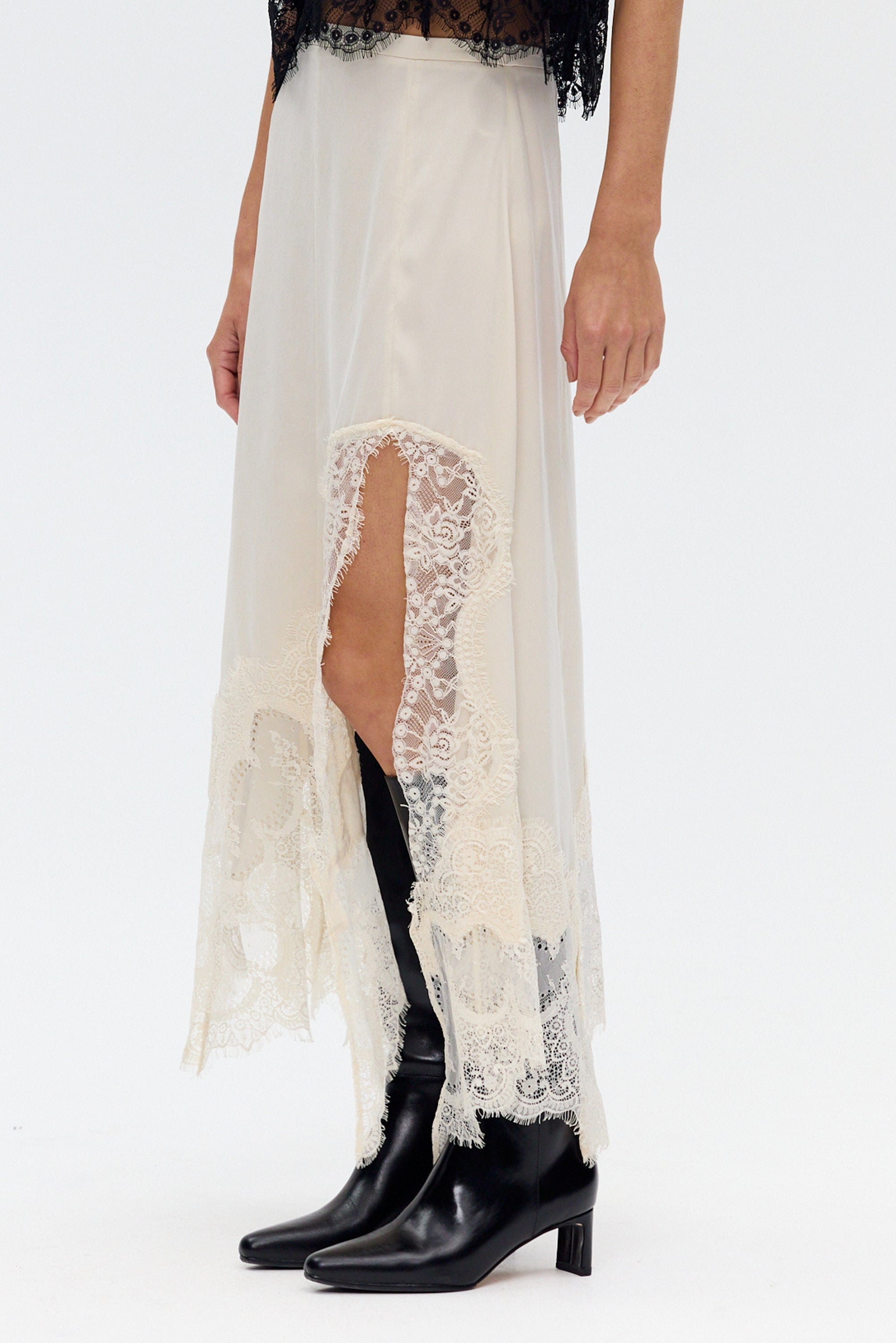 Women's Satin Lace-Trim Top and A-Line Slit Skirt Set - 15