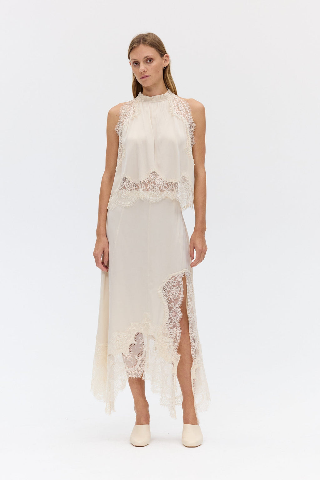 Women's Satin Lace-Trim Top and A-Line Slit Skirt Set - 9