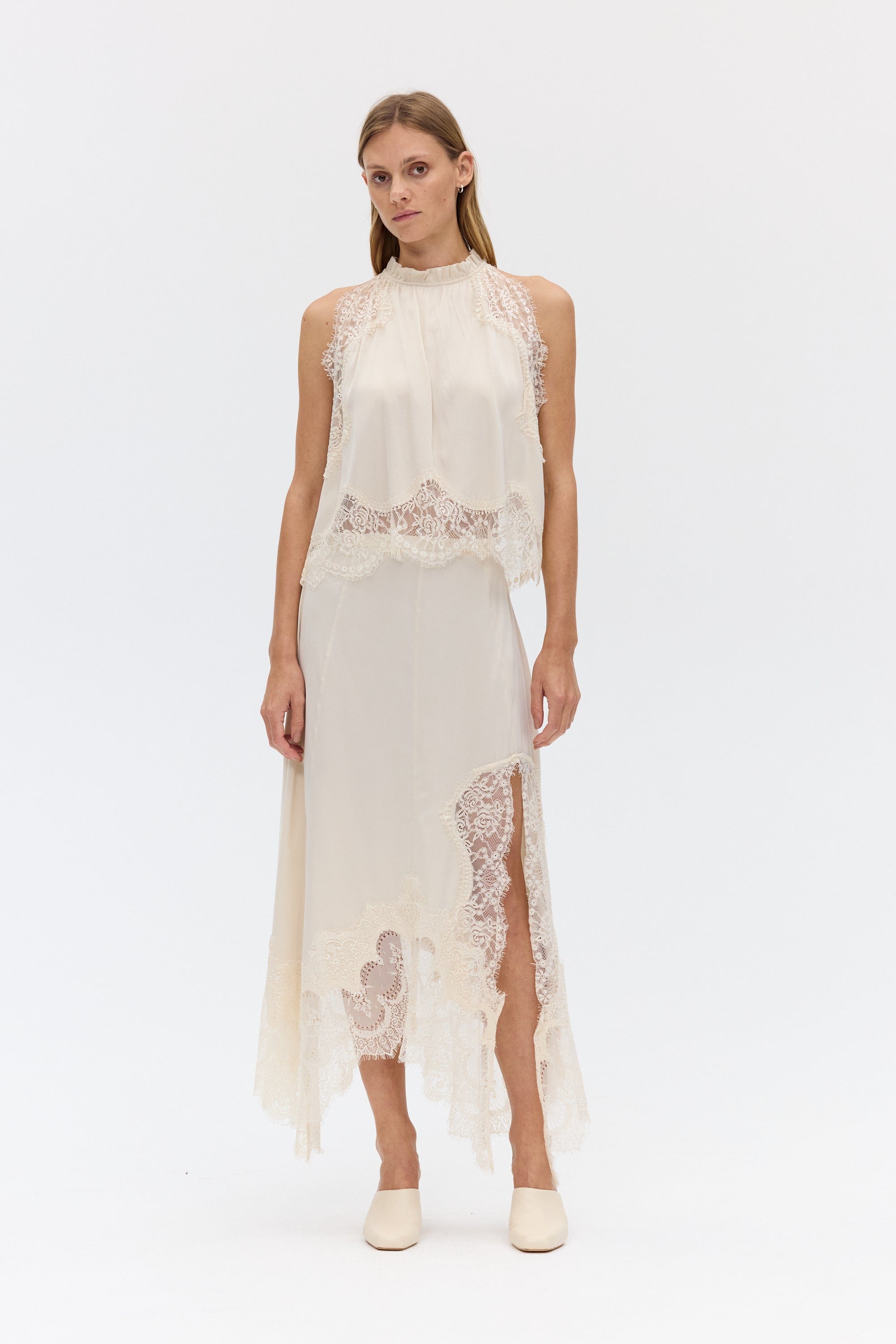 Women's Satin Lace-Trim Top and A-Line Slit Skirt Set - 9