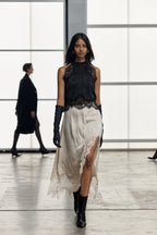 Women's Satin Lace-Trim Top and A-Line Slit Skirt Set - 8