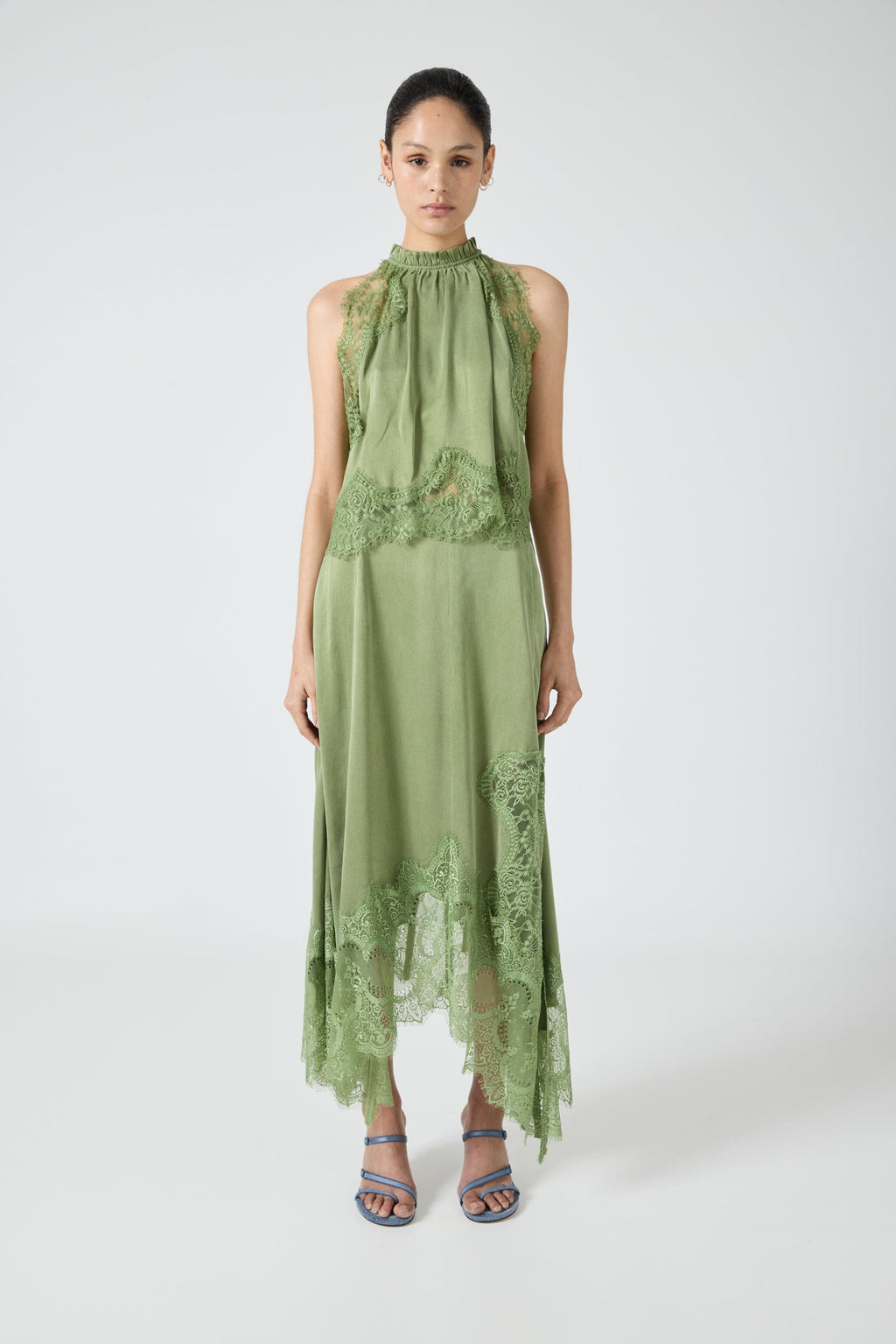 Women's Satin Lace-Trim Top and A-Line Slit Skirt Set - Sage