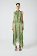 Women's Satin Lace-Trim Top and A-Line Slit Skirt Set - Sage