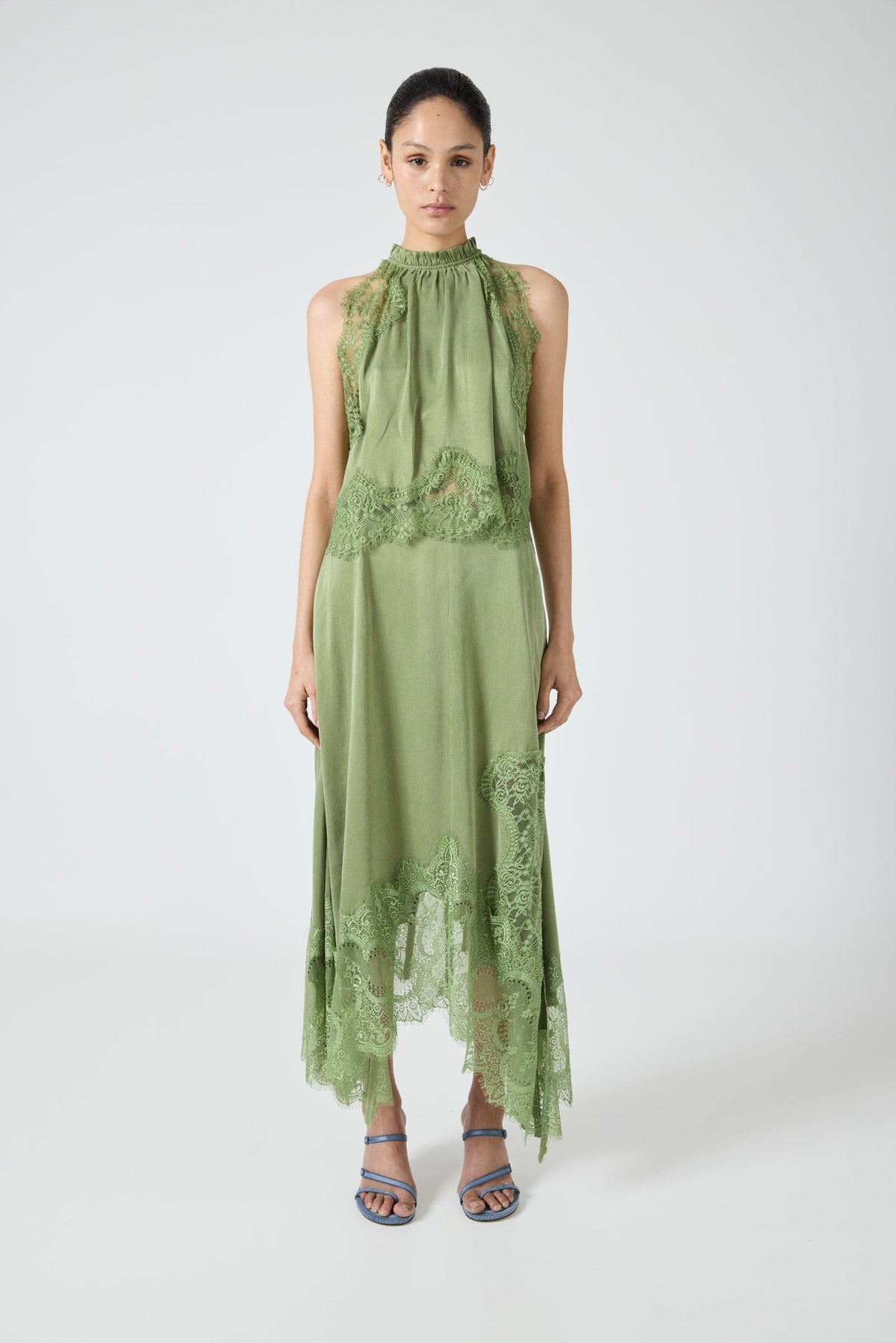 Women's Satin Lace-Trim Top and A-Line Slit Skirt Set - Sage