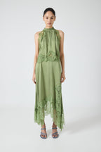 Women's Satin Lace-Trim Top and A-Line Slit Skirt Set - Sage
